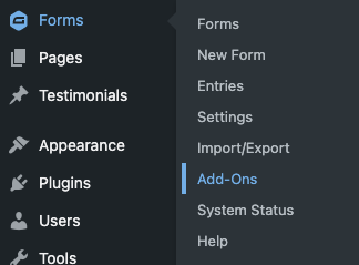 Gravity Forms Menu - Add-Ons Screenshot